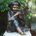 Outdoor Metal Craft Bronze Boy Playing Flute Statue Figurine Sculpture
